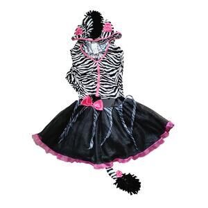 Girls Large 12-14 Zebra Halloween Costume Dress Hood Tail & Leg Black Hot Pink